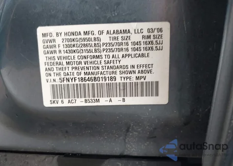 2006 Honda Pilot Ex-L z USA, uszkodzony, nr VIN 5FNYF18646B019189